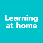 Graphic turquoise square with the text Learning at home.