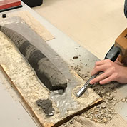 Geology Intern, Robbie, using a wooden mallet, chisel, and diamond whetstone to chip away the very old plaster that the fossil fish spine was embedded within.