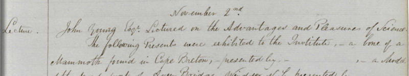 Hand written notes, Nov 6, 1836. Bone of a Mammoth from Middle River
