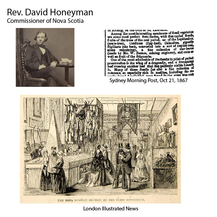 Illustration showing photograph of Rev. David Honeyman, newspaper article about fossils, and illustration of exhibits at the Paris Exhibition.