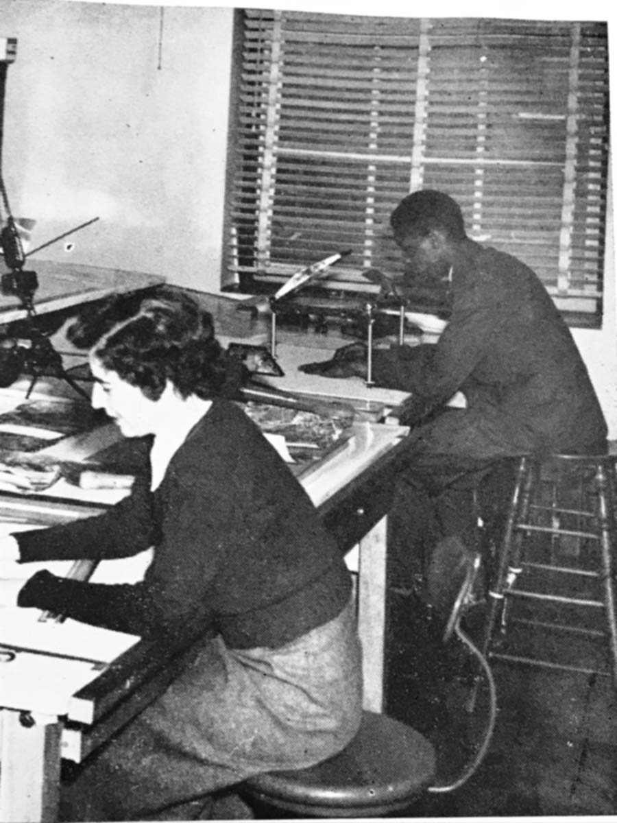 A woman and man seated at work tables, working on preparing maps. 