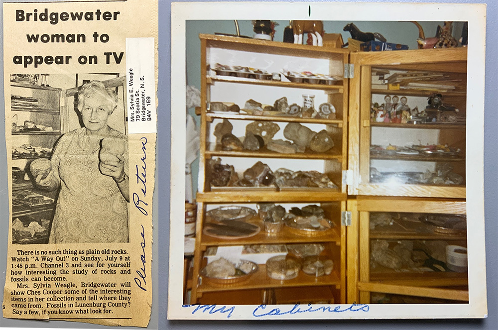 Newspaper clipping showing Sylvia Weagle in front of her rock cabinet, announcing she will be featured on the CBC television show. Also a color photo of her rock cabinet.