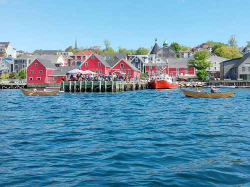 Lunenburg view from the harbour with dories in the water.