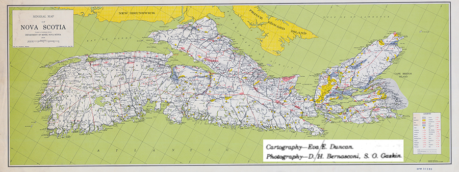 Mineral Map of Nova Scotia 1956 with Samuel Gaskin contribution noted.
