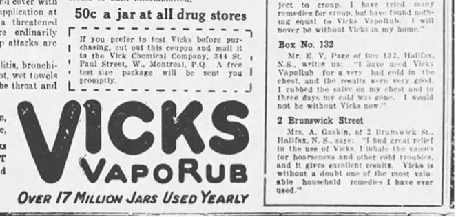 Vicks Vapor Rub Ad - that includes testamonial from Mrs. A. Gaskin. 