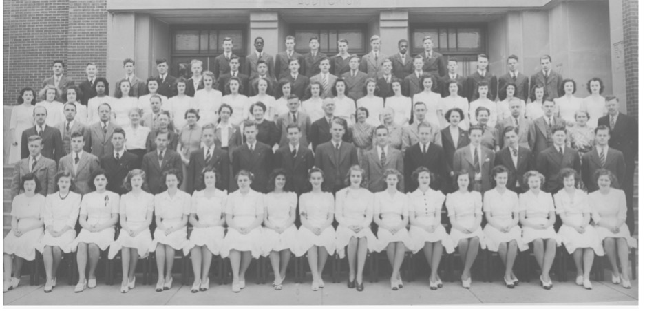 Class photo of first graduating class of Queen Elizabeth High School, 1943. 