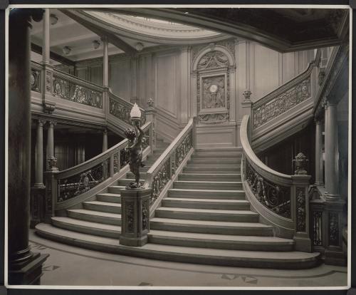 Grand Staircase from Titanic's sister ship RMS Olympic, Library of Congress  LC-USZ62-26812