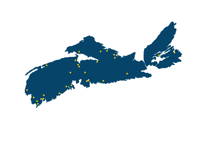 Map of Nova Scotia with points for  all 28 provincial museums