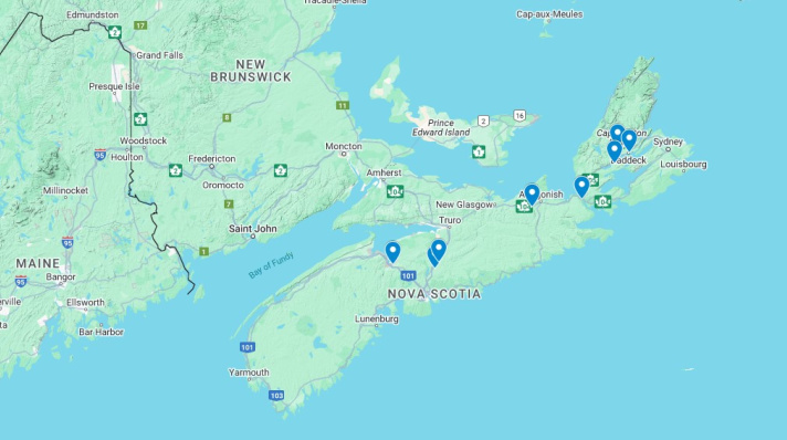Map of Nova Scotia with mastodon fossil sites indicated.