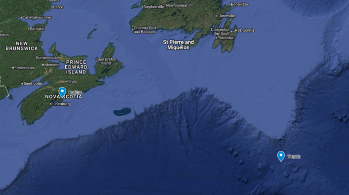 Map of Halifax and the coordinates from the approximate center of the Titanic debris field.