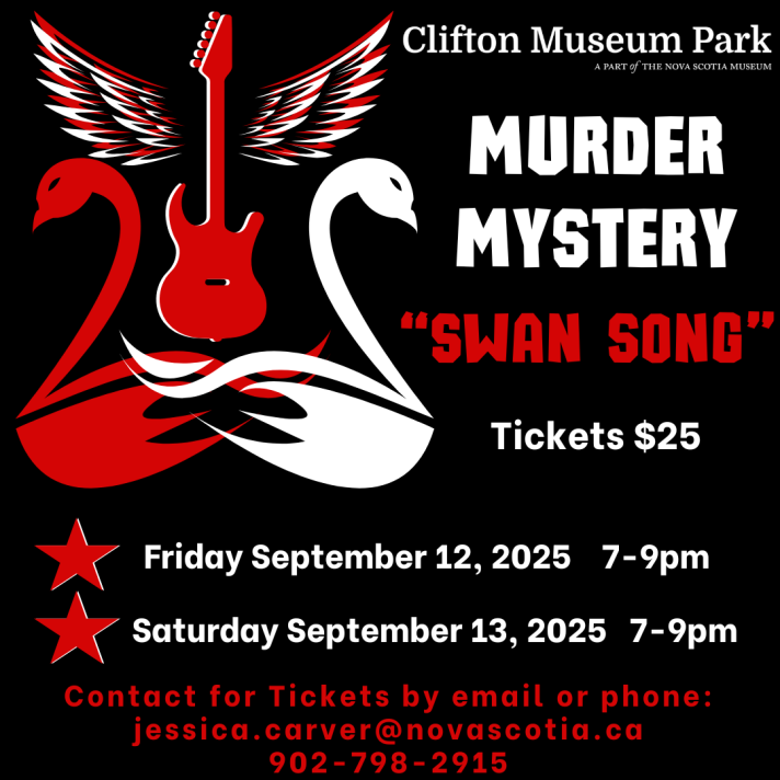 Graphic for a "Murder Mystery" event titled "Swan Song" at Clifton Museum Park, which is "A PART of THE NOVA SCOTIA MUSEUM". The poster has a central red and white graphic featuring two swans facing each other, their wings forming a heart shape. In the center, a red electric guitar with a pair of white wings is superimposed. The guitar's headstock is at the top, and its body is between the swans. The poster announces the dates and times for the event: "Friday September 12, 2025 7-9pm" and "Sa