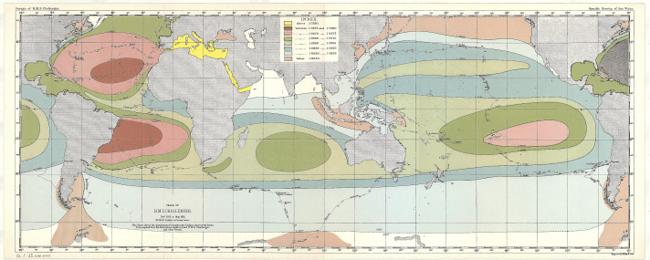  A map showing the distribution of density in the surface waters as determined by the data collected during the Challenger Expedition 