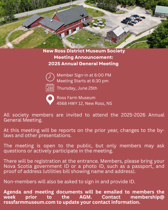 promotional poster for the New Ross District Museum Society Meeting Announcement: 2025-2026 Annual General Meeting