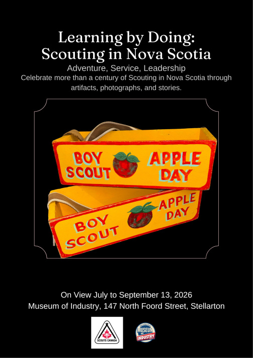 Center of the poster are two vintage, yellow wooden trays stacked slightly askew. The front panels of the trays are painted bright yellow with a red border, featuring a hand-painted red apple with green leaves in the center. To the left of the apple, it reads "BOY SCOUT" and to the right, "APPLE DAY" in stylized red and light blue lettering. Thick canvas carrying straps are attached to the trays.