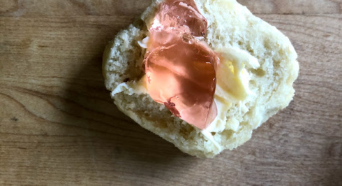 Rhubarb Jelly on a buttered biscuit.
