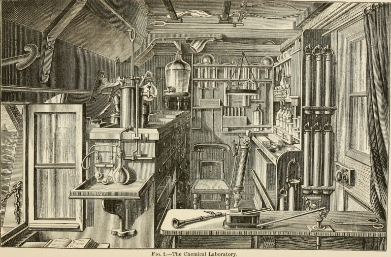 The chemical laboratory aboard the HMS Challenger  