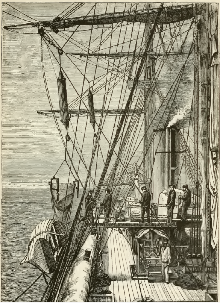 Setup of the dredging and sounding equipment on board the HMS Challenger