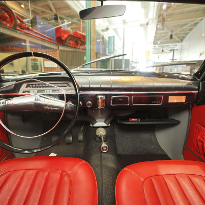 Volvo Canadian, red leather interior, view through the windshield. 