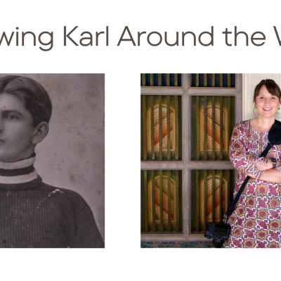 Text Following Karl around the world and an image of Karl Creelman and Louise Trotter.  and 