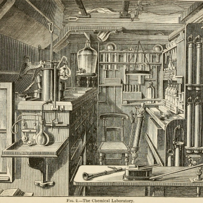 The chemical laboratory aboard the HMS Challenger  