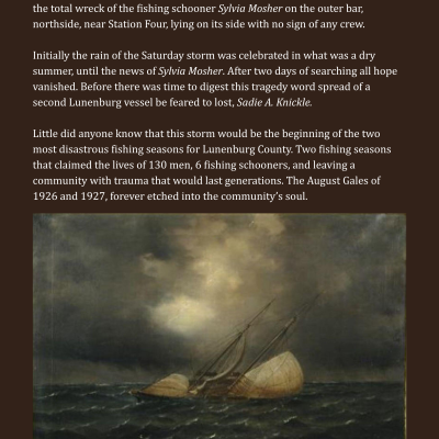 An informational display titled 'Lunenburg Mourns' featuring a historical painting of a schooner in a storm. The text details the loss of the fishing vessels Sylvia Mosher and Sadie A. Knickle during the August Gales of 1926.