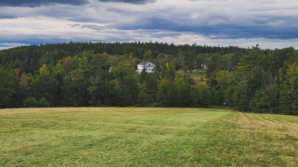 Uniacke Estate in the distance, a grand white house with a classical design, including a columned entrance and a long veranda. The house is surrounded by a well-maintained lawn and mature trees.