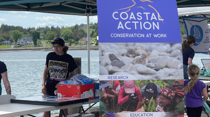 An information booth for Coastal Action is set up under a green tent on a wooden wharf. A large blue banner titled "Coastal Action: Conservation at Work" features photos of wildlife research, environmental education, and a river landscape.