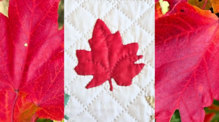 Canada Flag graphic made of 3 images 2 red maple leaves and a quilted maple leaf in the centre.