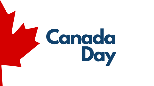 Graphic with a maple leaf and the text Canada Day