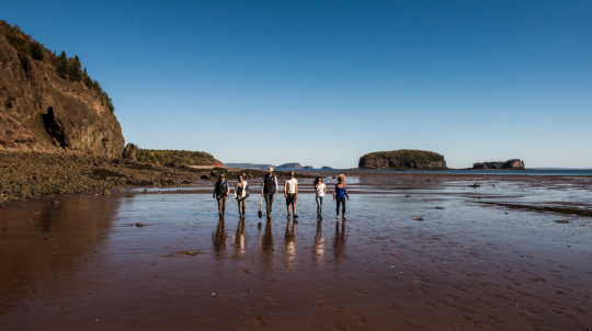 A group of 6 people walking along the beach on the Bay of Fundy.