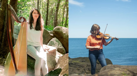 Ellen Gibling with her harp and Hayley Ryerson playing violin.