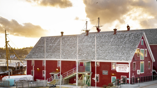 Fisheries Museum of the Atlantic exterior at sunset.