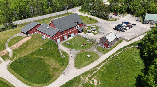 Drone image of Ross Farm Museum including the Learning Centre.