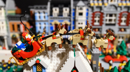 Lego Santa in his sleigh with the reindeer on display at the Museum of Natural History